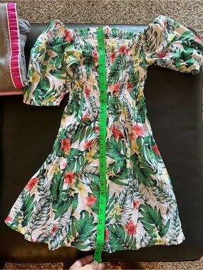 Tropical Off-Shoulder Smocked Sundress — Green, Red, Yellow Floral
